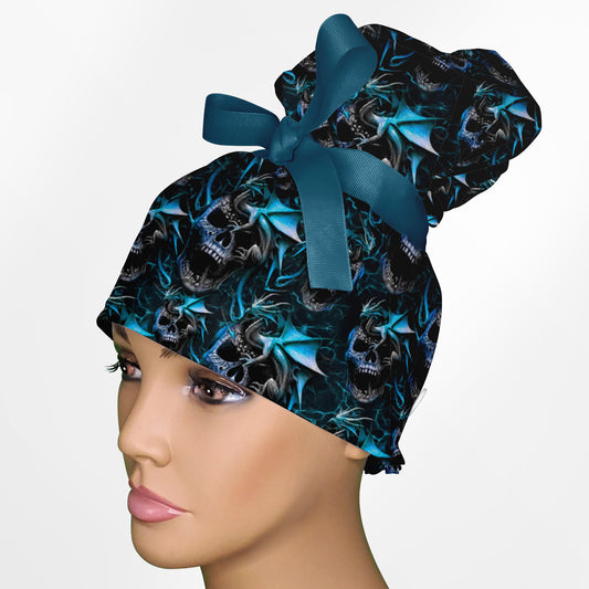 Dragons and Skulls Blue High Bun Ponytail Scrub Cap