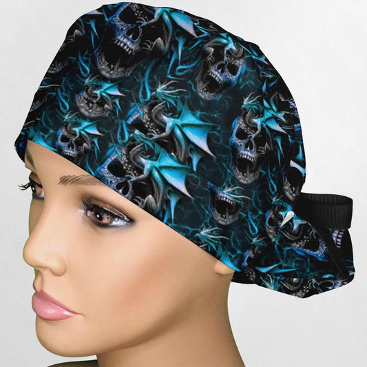 Dragons and Skulls Blue Ponytail Scrub Cap