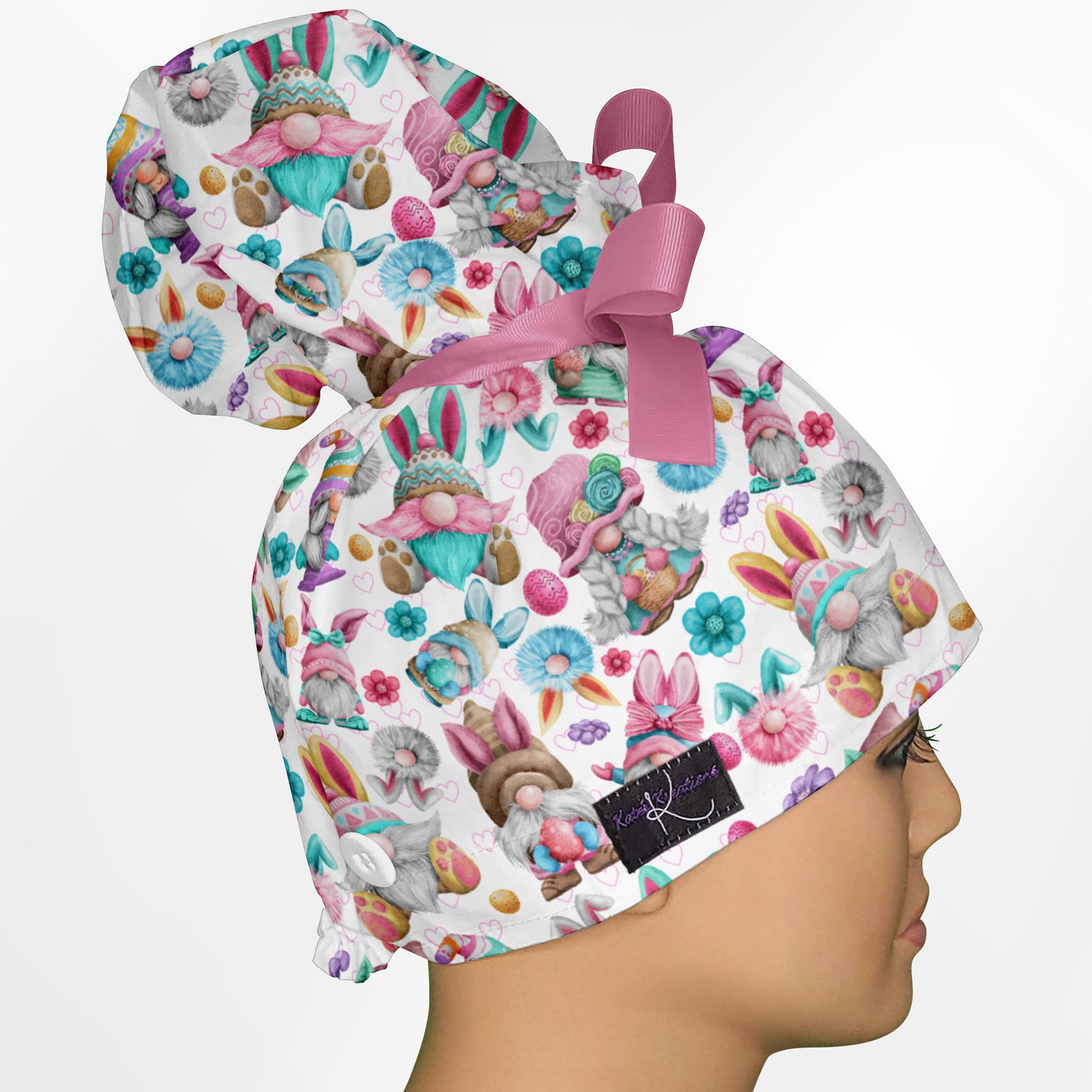 Easter Gnomes High Bun Ponytail Scrub Cap
