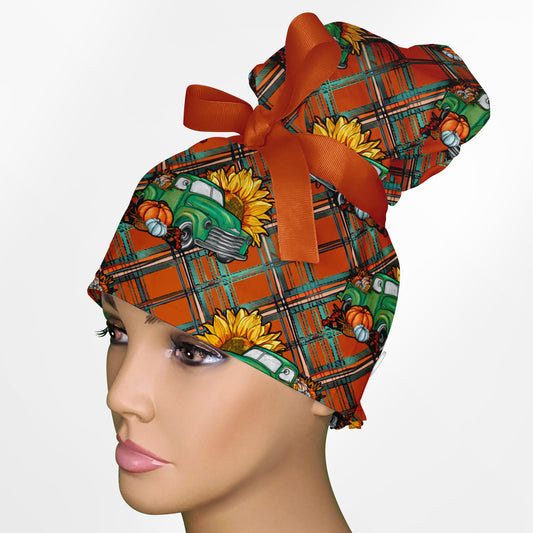 Fall Plaid Trucks High Bun Ponytail Scrub Cap