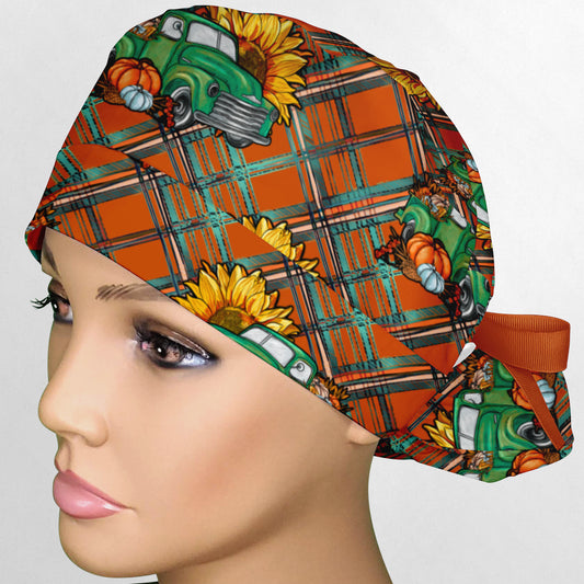 Fall Plaid Trucks Ponytail Scrub Cap