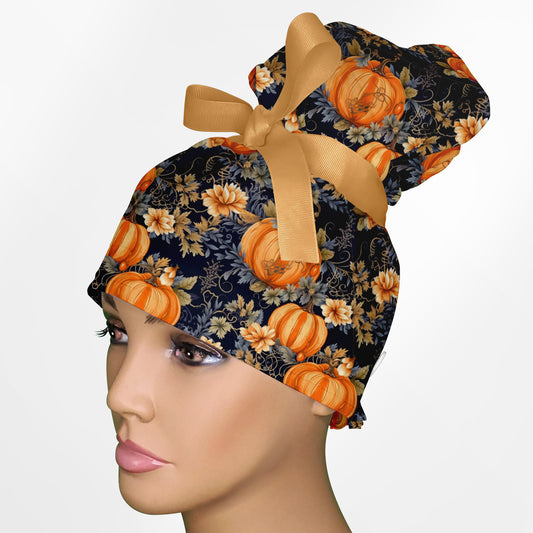 Fall Pumpkins High Bun Ponytail Scrub Cap