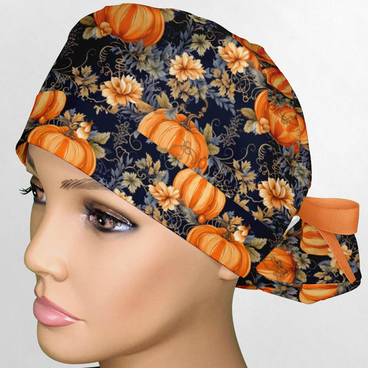 Fall Pumpkins Ponytail Scrub Cap