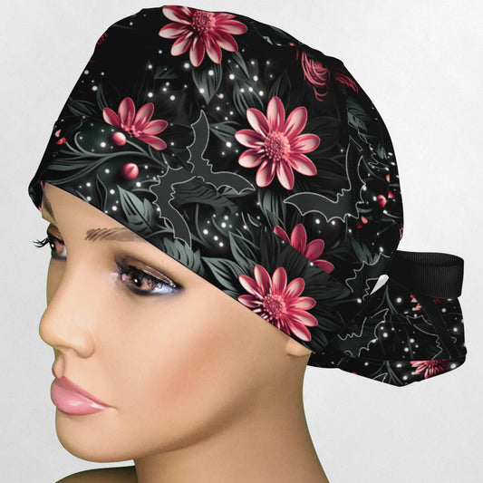 Bat Floral Ponytail Scrub Cap