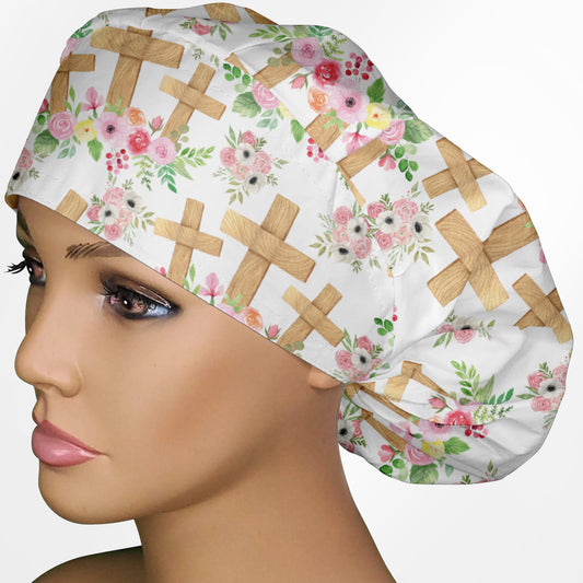 Floral Crosses Bouffant Scrub Cap