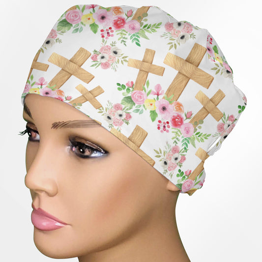 Floral Crosses Low-Tie Surgeon Scrub Cap