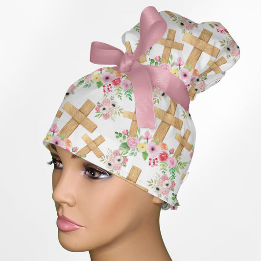 Floral Crosses High Bun Ponytail Scrub Cap