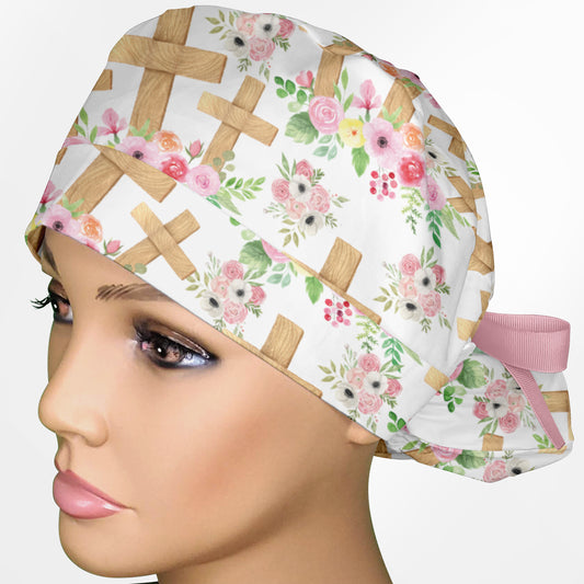 Floral Crosses Ponytail Scrub Cap