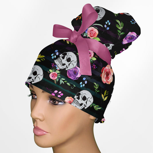 Floral Skull Stripes High Bun Ponytail Scrub Cap