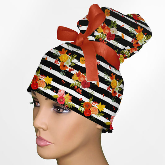 Flower Stripes High Bun Ponytail Scrub Cap