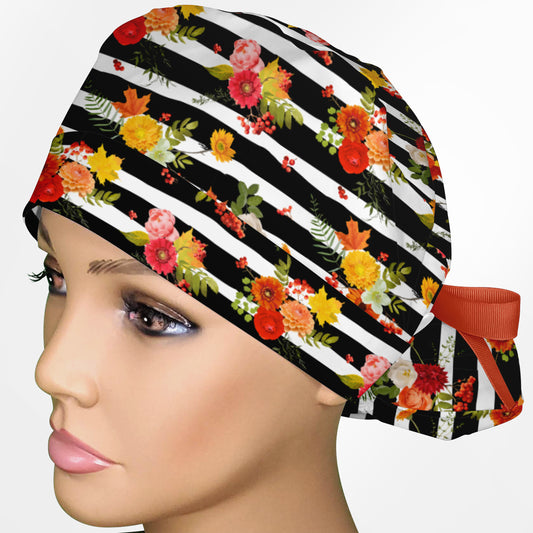 Flower Stripes Ponytail Scrub Cap