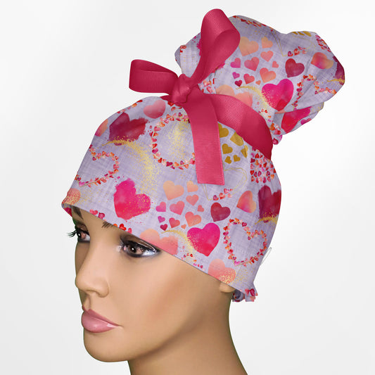 Foil Hearts High Bun Ponytail Scrub Cap