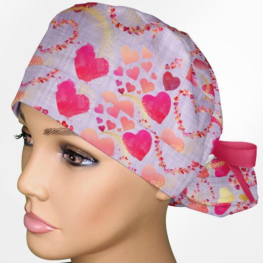 Foil Hearts Ponytail Scrub Cap