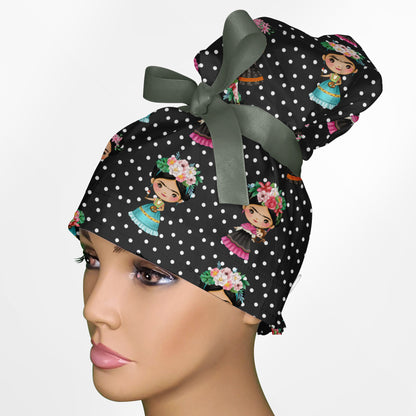 Frida Cute High Bun Ponytail Scrub Cap