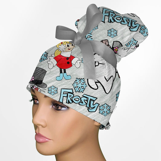 Frosty The Snowman High Bun Ponytail Scrub Cap