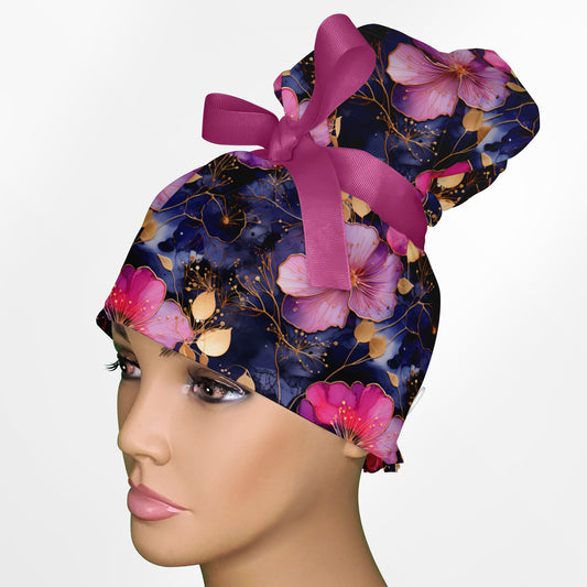 Fuchsia Floral High Bun Ponytail Scrub Cap