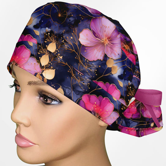 Fuchsia Floral Ponytail Scrub Cap