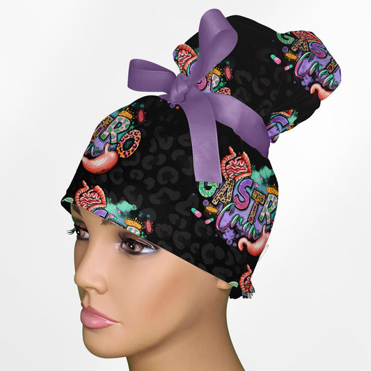 Gastro Crew - Black Animal Print High Bun Ponytail Scrub Cap