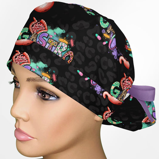 Gastro Crew - Black Animal Print Ponytail Scrub Cap