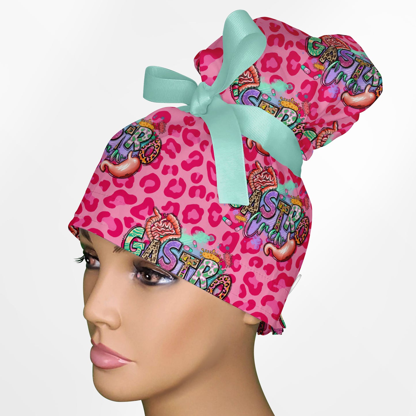 Gastro Crew - Pink animal print High Bun Ponytail Scrub Cap