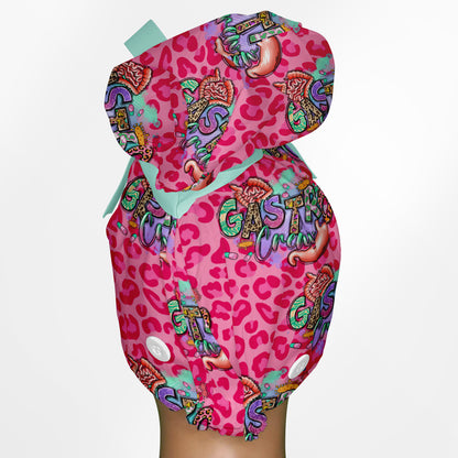 Gastro Crew - Pink animal print High Bun Ponytail Scrub Cap
