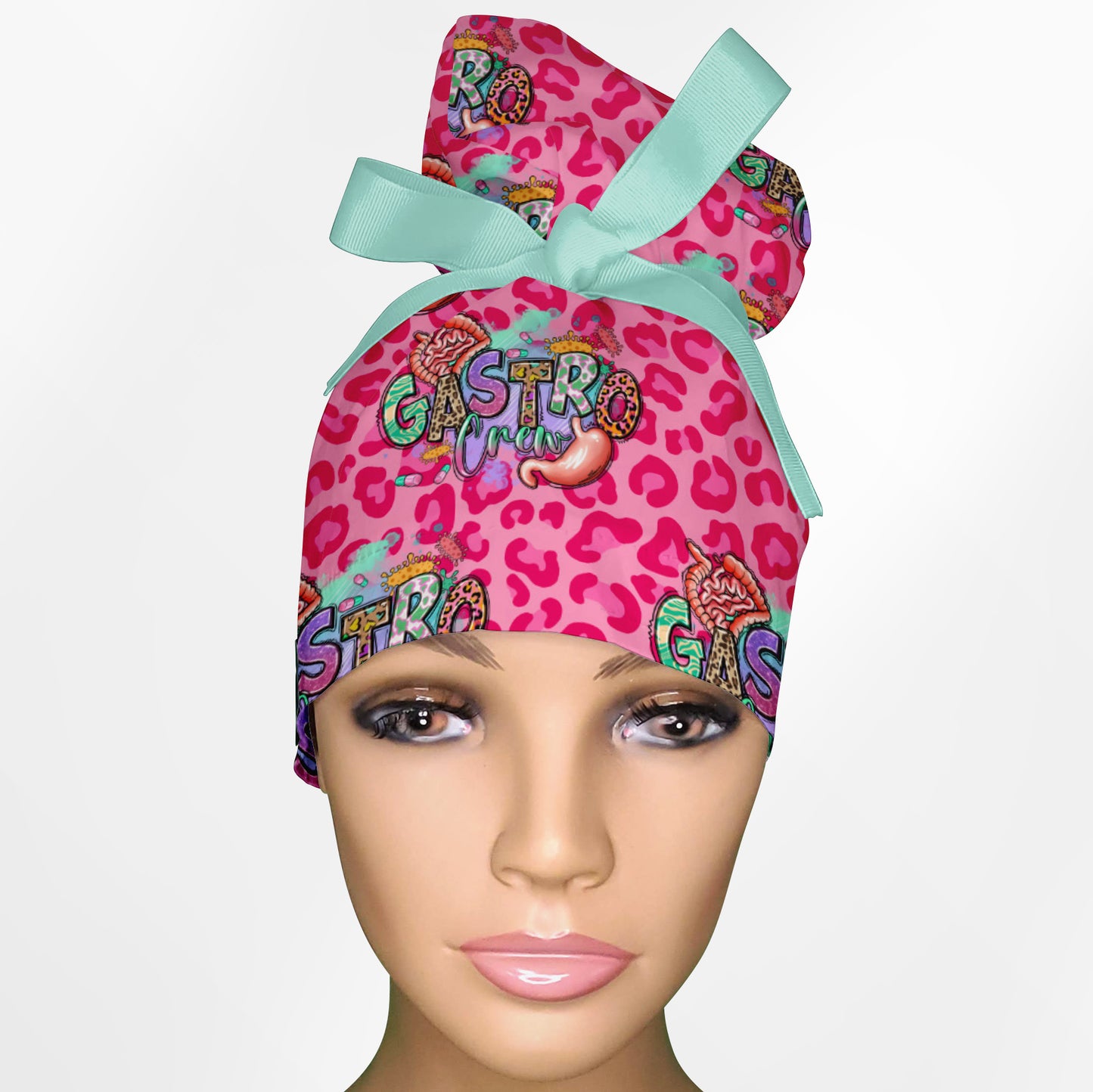 Gastro Crew - Pink animal print High Bun Ponytail Scrub Cap