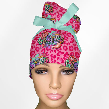 Gastro Crew - Pink animal print High Bun Ponytail Scrub Cap