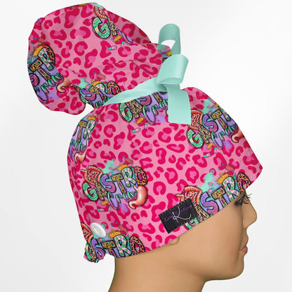 Gastro Crew - Pink animal print High Bun Ponytail Scrub Cap