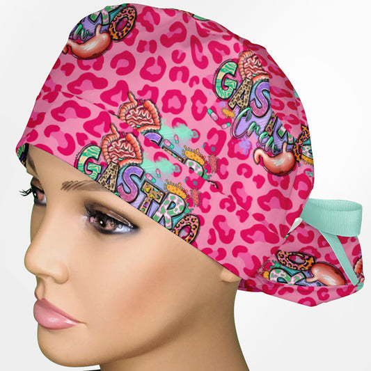 Gastro Crew - Pink animal print Ponytail Scrub Cap
