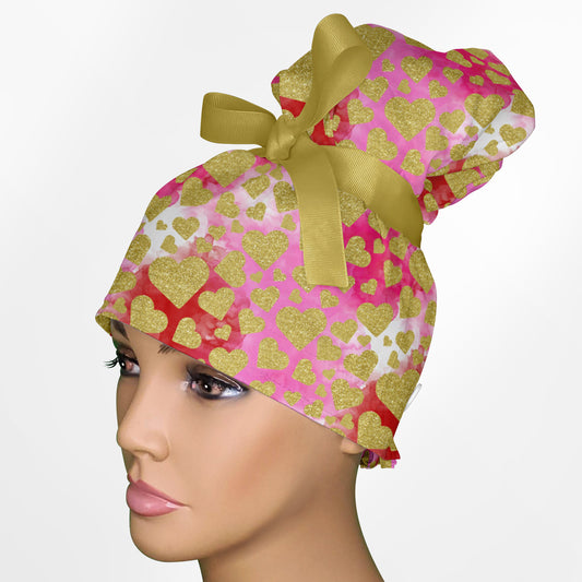 Glitter Hearts High Bun Ponytail Scrub Cap