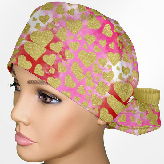Glitter Hearts Ponytail Scrub Cap