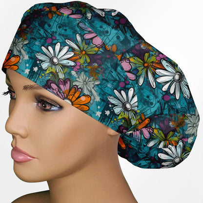 Graffiti Daises Bouffant Scrub Cap