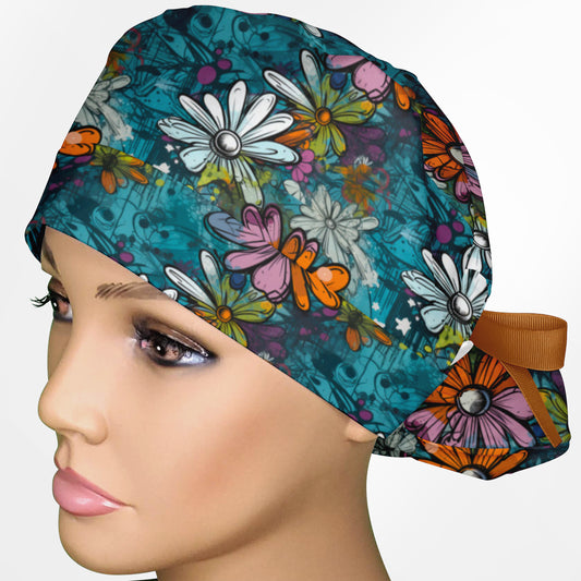 Graffiti Daises Ponytail Scrub Cap