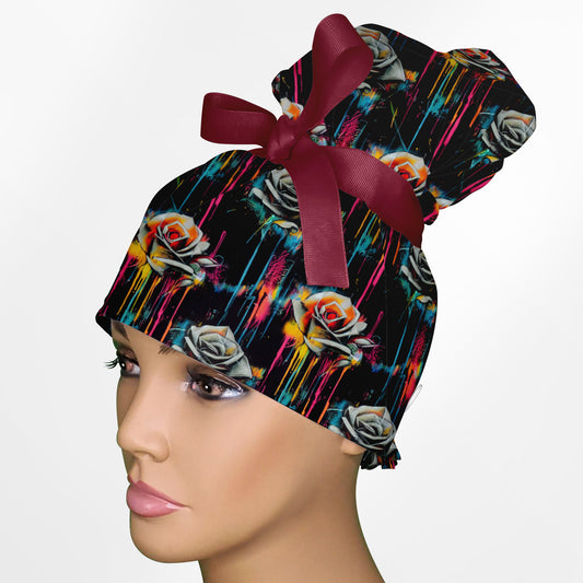 Graffiti Flowers High Bun Ponytail Scrub Cap