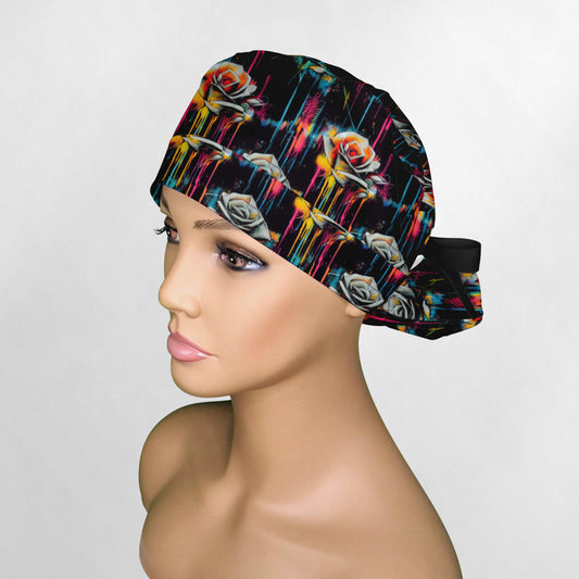 Graffiti Flowers Ponytail Scrub Cap