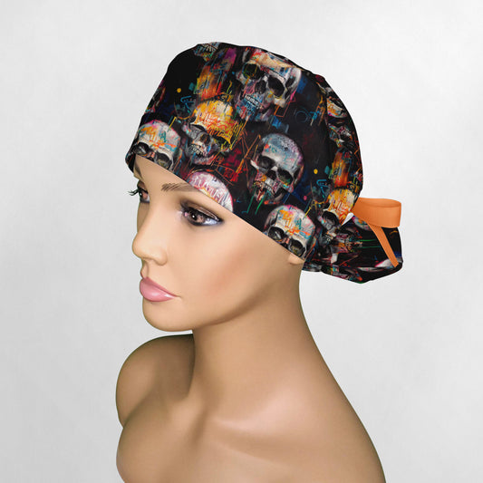 Graffiti Skulls Ponytail Scrub Cap