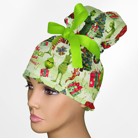 Grinch High Bun Ponytail Scrub Cap
