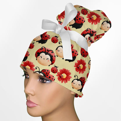 Happy Ladybug High Bun Ponytail Scrub Cap