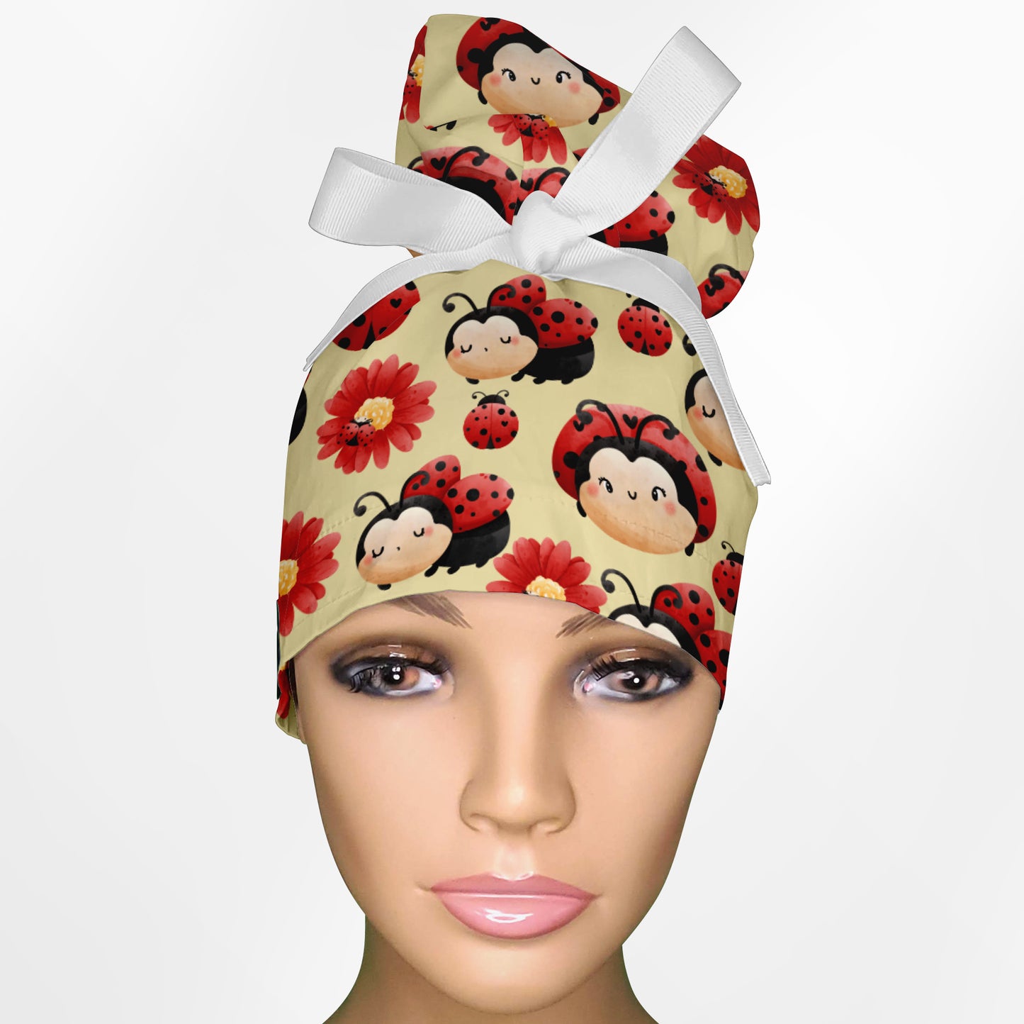 Happy Ladybug High Bun Ponytail Scrub Cap