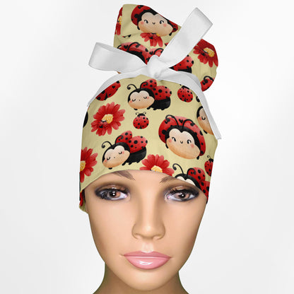 Happy Ladybug High Bun Ponytail Scrub Cap