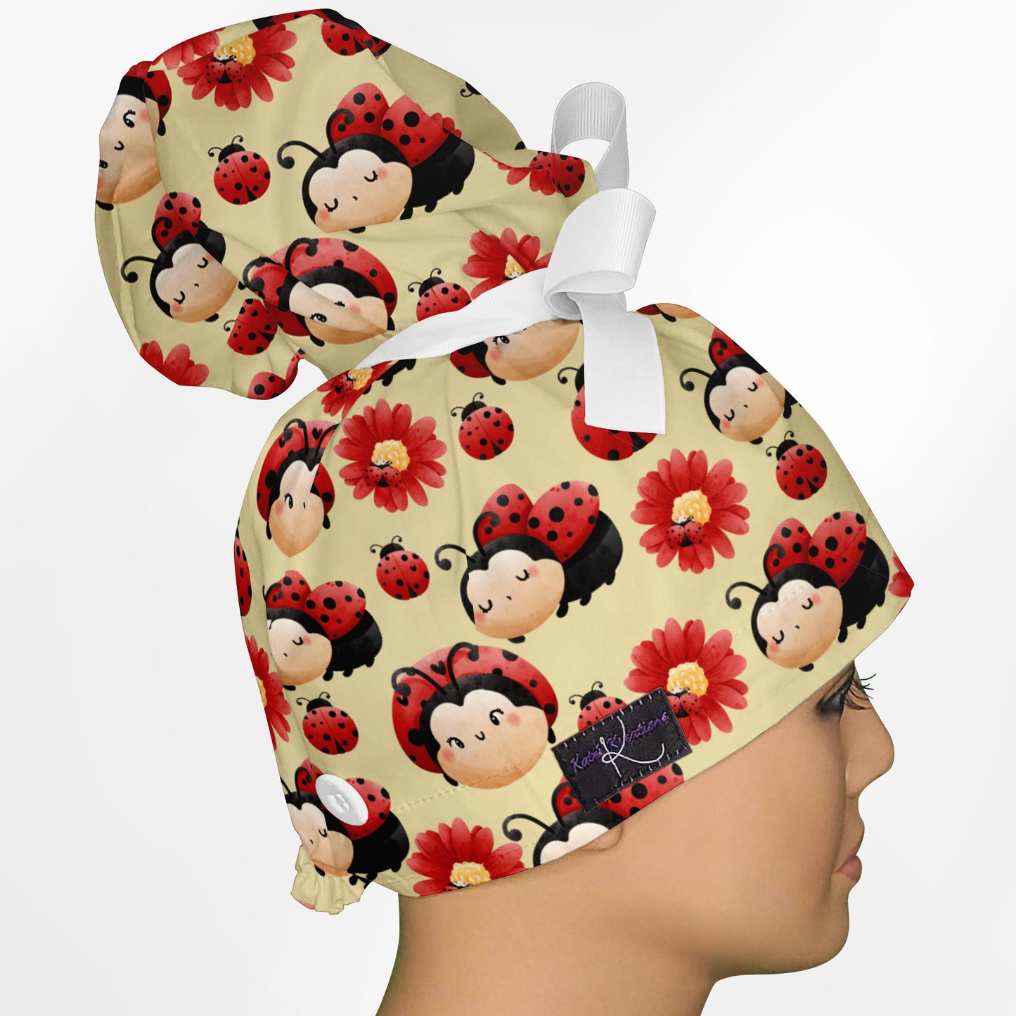 Happy Ladybug High Bun Ponytail Scrub Cap