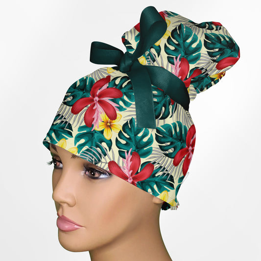 Hawaiian Jungle High Bun Ponytail Scrub Cap