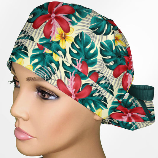 Hawaiian Jungle Ponytail Scrub Cap