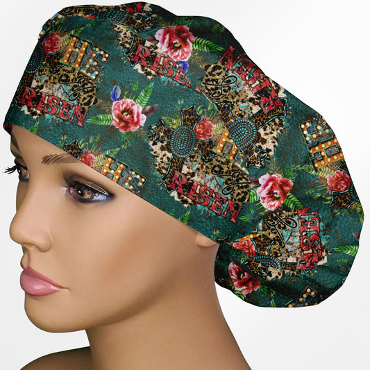 He Is Risen Turquoise Bouffant Scrub Cap