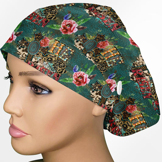 He Is Risen Turquoise Euro Scrub Cap
