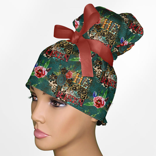 He Is Risen Turquoise High Bun Ponytail Scrub Cap