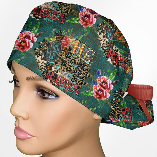 He Is Risen Turquoise Ponytail Scrub Cap