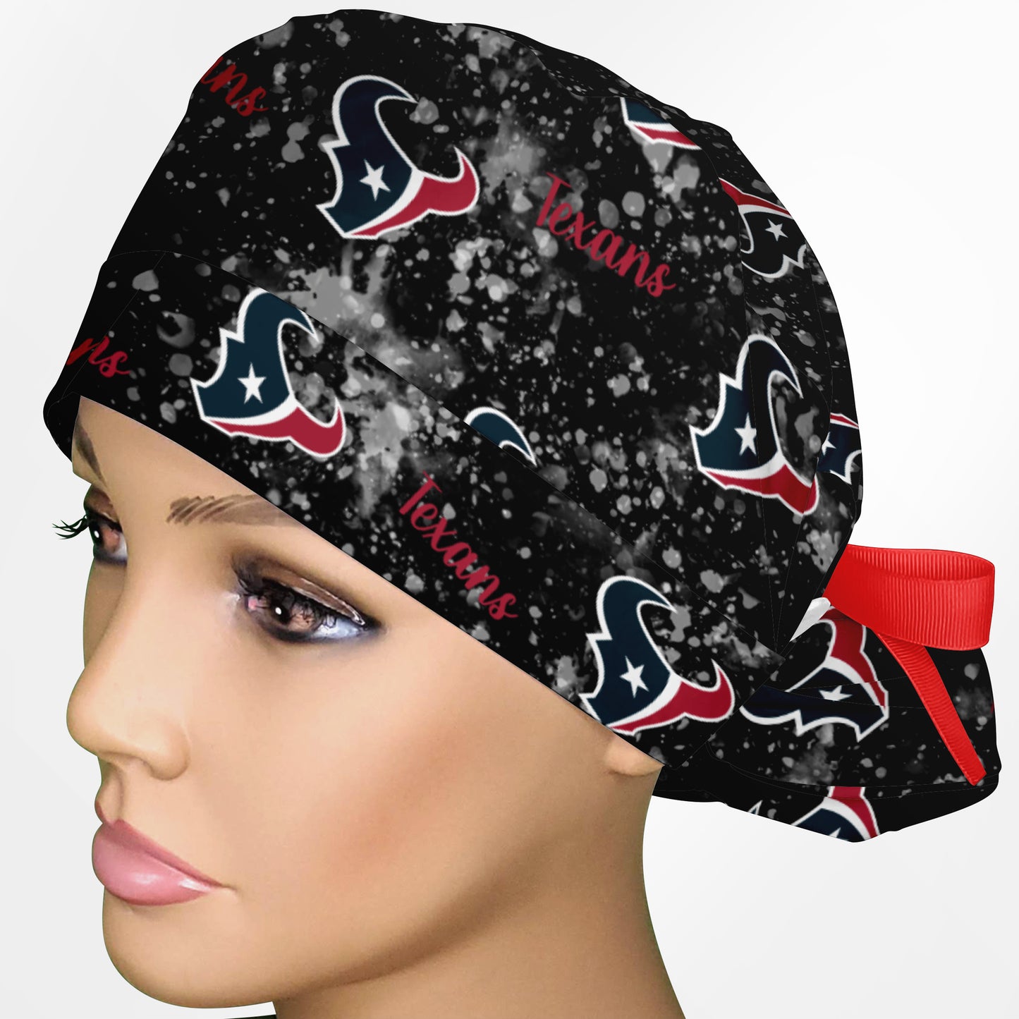 Houston Texans Black Splatter High Bun Ponytail Scrub Cap