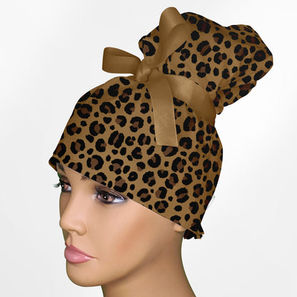 Leopard Print High Bun Ponytail Scrub Cap