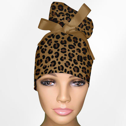 Leopard Print High Bun Ponytail Scrub Cap